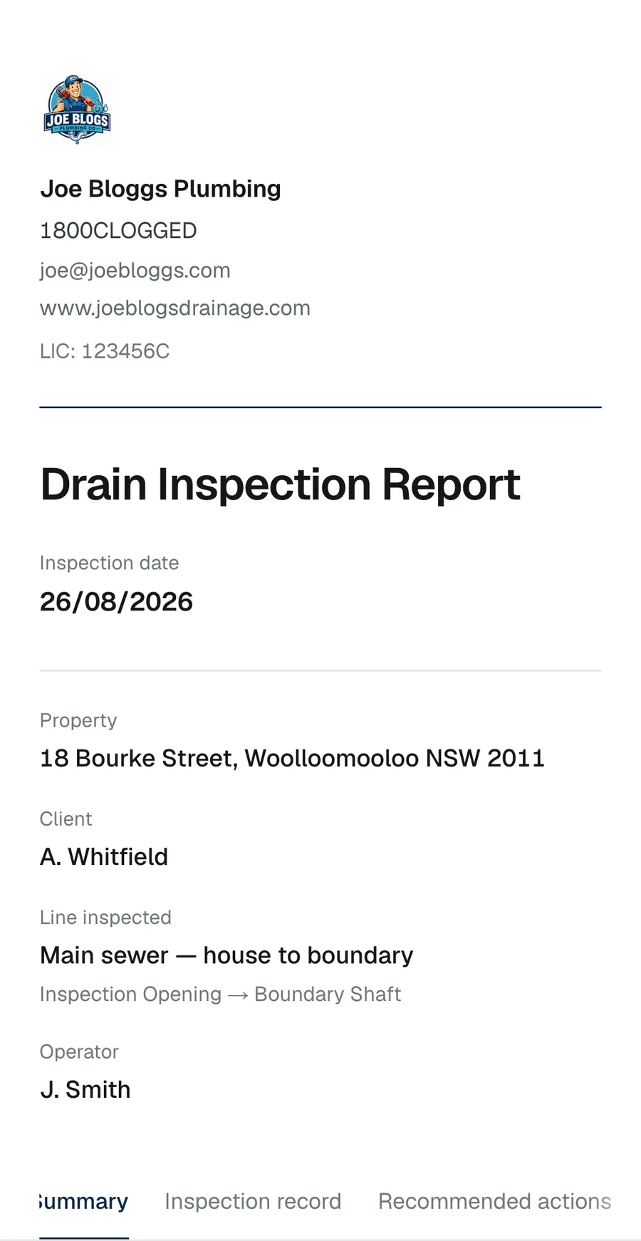 The top of the report on a phone: the Joe Bloggs Plumbing logo, phone number, email, website and licence number, then the title Drain Inspection Report, the inspection date, the property address, the client, the line inspected and the operator.