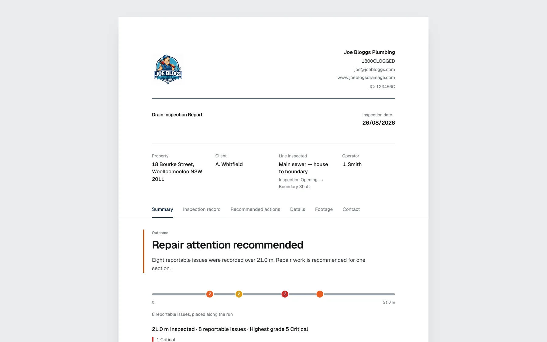 The customer's report as it opens on a laptop: Joe Bloggs Plumbing's logo, phone, email, website and licence at the top, then Drain Inspection Report, the inspection date, the property, the client, the line inspected and the operator, then the outcome, Repair attention recommended, with the run drawn as a line and the issues marked along it.